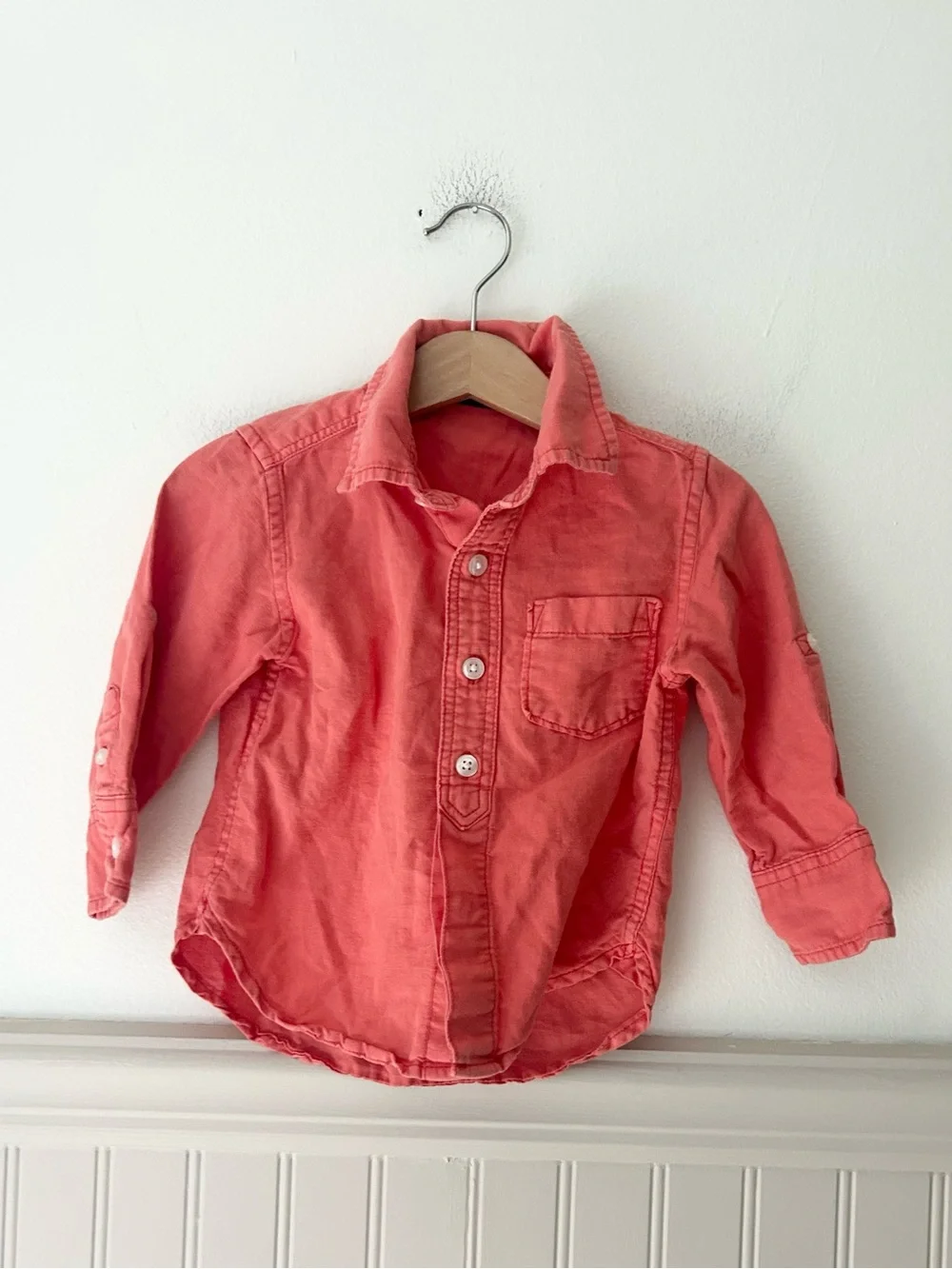 Gap Coral Red Button Down Shirt 12-18 Months Linen Cotton Kids